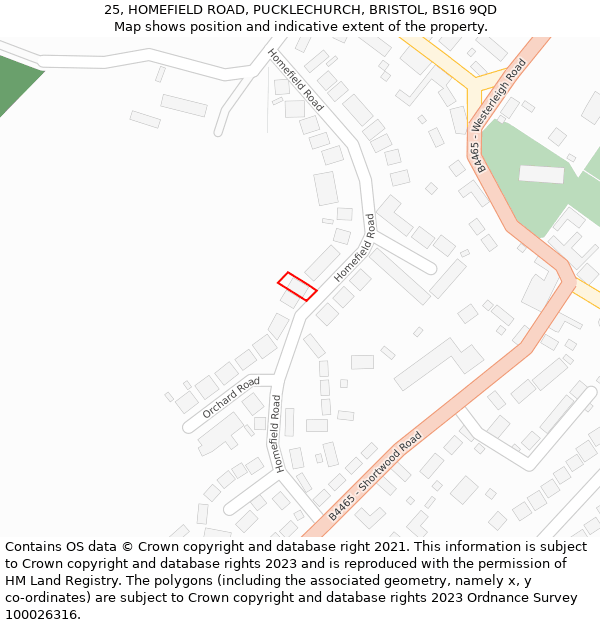 25, HOMEFIELD ROAD, PUCKLECHURCH, BRISTOL, BS16 9QD: Location map and indicative extent of plot
