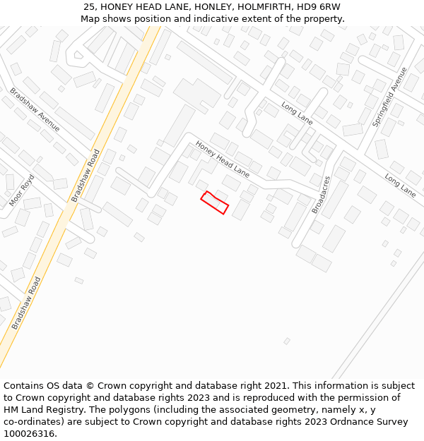 25, HONEY HEAD LANE, HONLEY, HOLMFIRTH, HD9 6RW: Location map and indicative extent of plot
