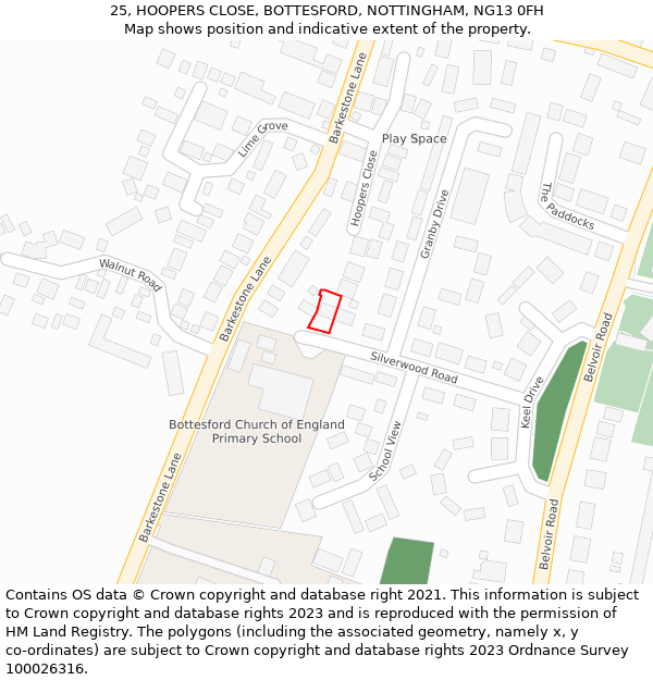 25, HOOPERS CLOSE, BOTTESFORD, NOTTINGHAM, NG13 0FH: Location map and indicative extent of plot