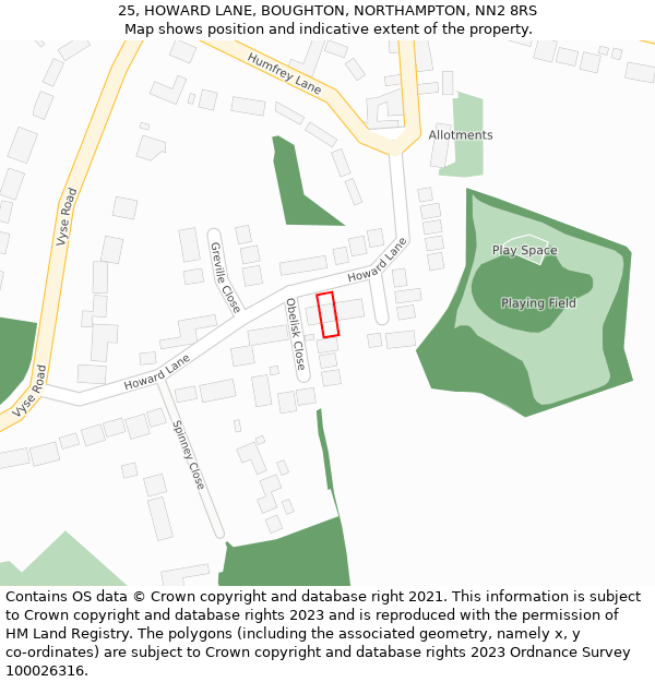 25, HOWARD LANE, BOUGHTON, NORTHAMPTON, NN2 8RS: Location map and indicative extent of plot