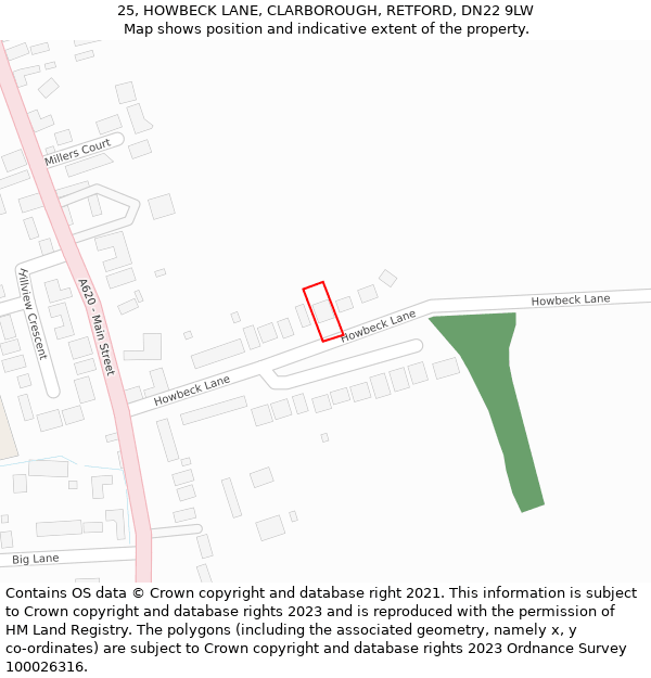 25, HOWBECK LANE, CLARBOROUGH, RETFORD, DN22 9LW: Location map and indicative extent of plot