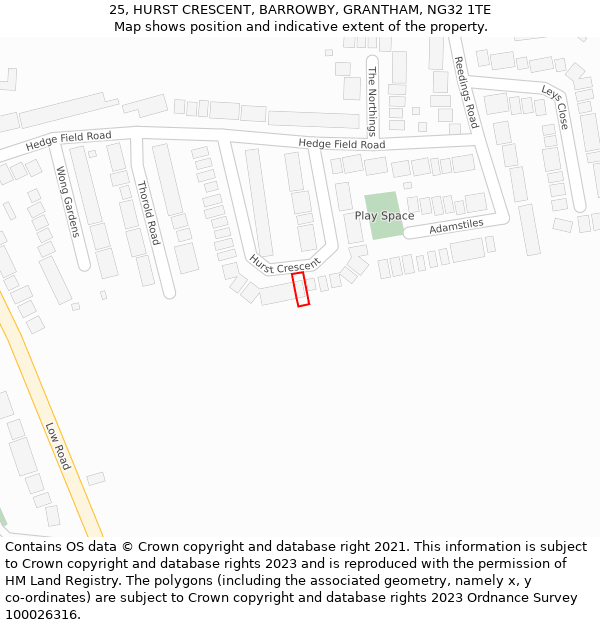 25, HURST CRESCENT, BARROWBY, GRANTHAM, NG32 1TE: Location map and indicative extent of plot