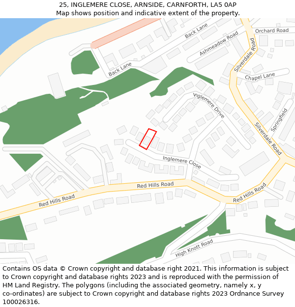 25, INGLEMERE CLOSE, ARNSIDE, CARNFORTH, LA5 0AP: Location map and indicative extent of plot