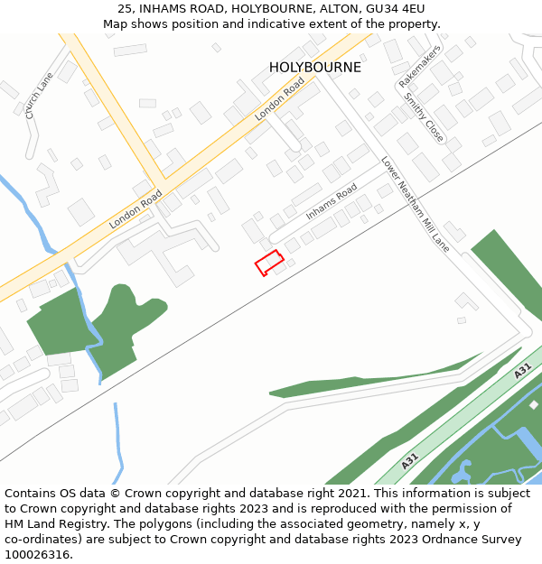 25, INHAMS ROAD, HOLYBOURNE, ALTON, GU34 4EU: Location map and indicative extent of plot