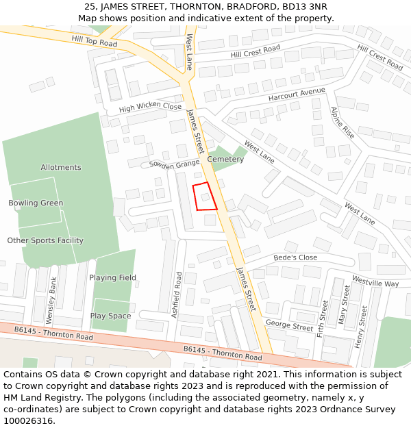 25, JAMES STREET, THORNTON, BRADFORD, BD13 3NR: Location map and indicative extent of plot