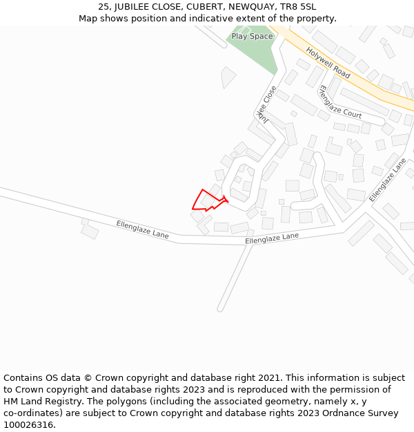 25, JUBILEE CLOSE, CUBERT, NEWQUAY, TR8 5SL: Location map and indicative extent of plot