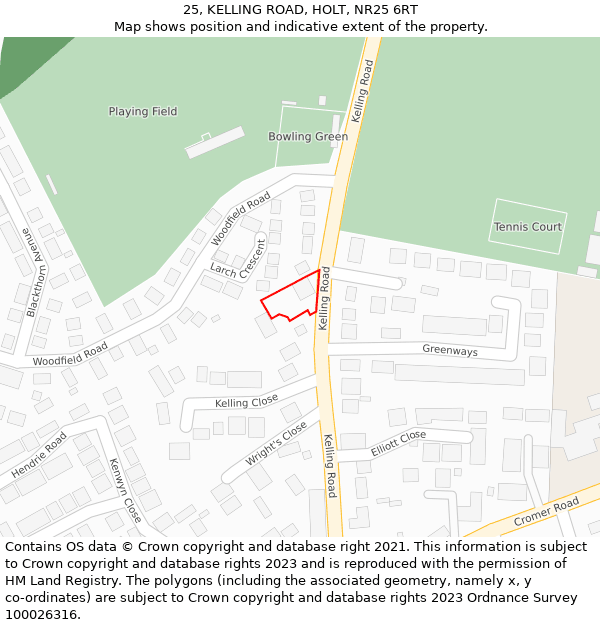 25, KELLING ROAD, HOLT, NR25 6RT: Location map and indicative extent of plot