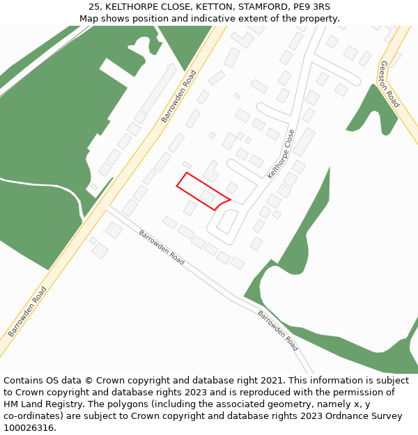 25, KELTHORPE CLOSE, KETTON, STAMFORD, PE9 3RS: Location map and indicative extent of plot