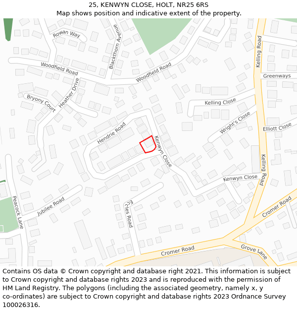 25, KENWYN CLOSE, HOLT, NR25 6RS: Location map and indicative extent of plot