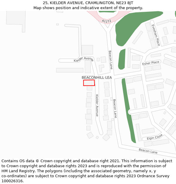 25, KIELDER AVENUE, CRAMLINGTON, NE23 8JT: Location map and indicative extent of plot