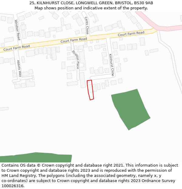 25, KILNHURST CLOSE, LONGWELL GREEN, BRISTOL, BS30 9AB: Location map and indicative extent of plot