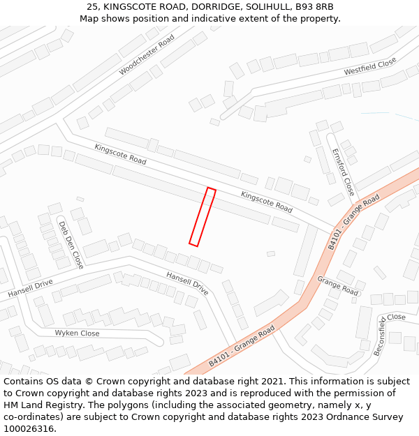 25, KINGSCOTE ROAD, DORRIDGE, SOLIHULL, B93 8RB: Location map and indicative extent of plot