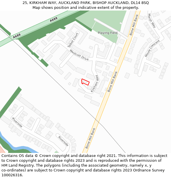 25, KIRKHAM WAY, AUCKLAND PARK, BISHOP AUCKLAND, DL14 8SQ: Location map and indicative extent of plot