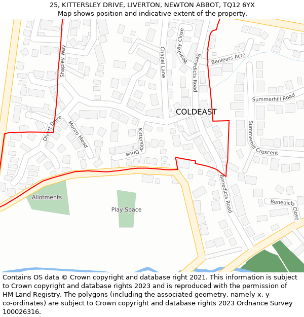 25, KITTERSLEY DRIVE, LIVERTON, NEWTON ABBOT, TQ12 6YX: Location map and indicative extent of plot