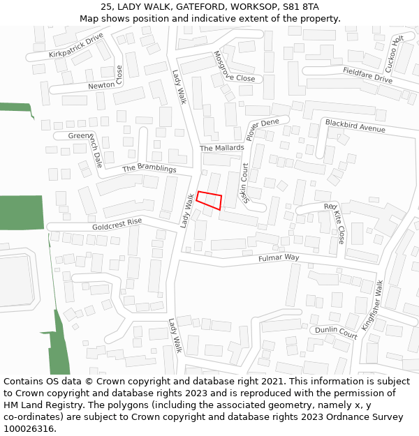 25, LADY WALK, GATEFORD, WORKSOP, S81 8TA: Location map and indicative extent of plot