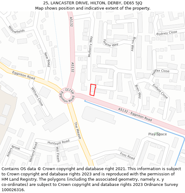 25, LANCASTER DRIVE, HILTON, DERBY, DE65 5JQ: Location map and indicative extent of plot