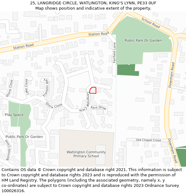 25, LANGRIDGE CIRCLE, WATLINGTON, KING'S LYNN, PE33 0UF: Location map and indicative extent of plot