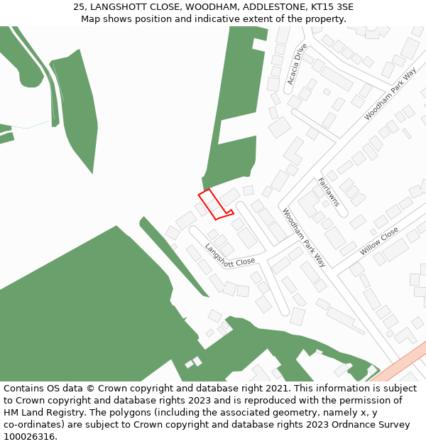 25, LANGSHOTT CLOSE, WOODHAM, ADDLESTONE, KT15 3SE: Location map and indicative extent of plot