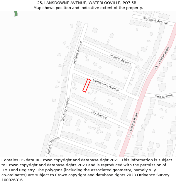25, LANSDOWNE AVENUE, WATERLOOVILLE, PO7 5BL: Location map and indicative extent of plot