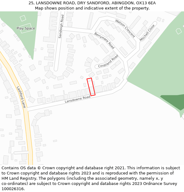 25, LANSDOWNE ROAD, DRY SANDFORD, ABINGDON, OX13 6EA: Location map and indicative extent of plot