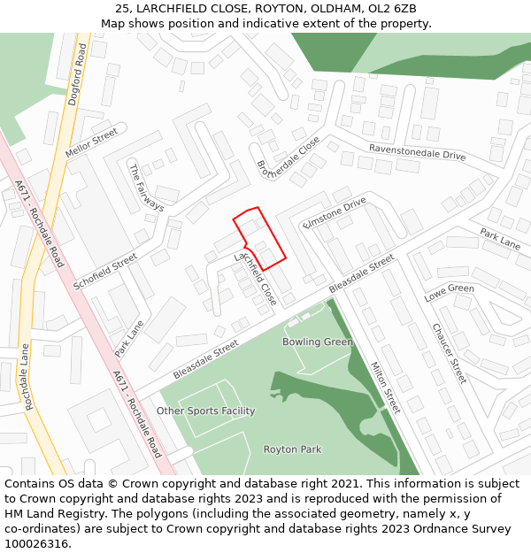 25, LARCHFIELD CLOSE, ROYTON, OLDHAM, OL2 6ZB: Location map and indicative extent of plot