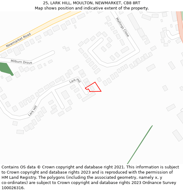 25, LARK HILL, MOULTON, NEWMARKET, CB8 8RT: Location map and indicative extent of plot