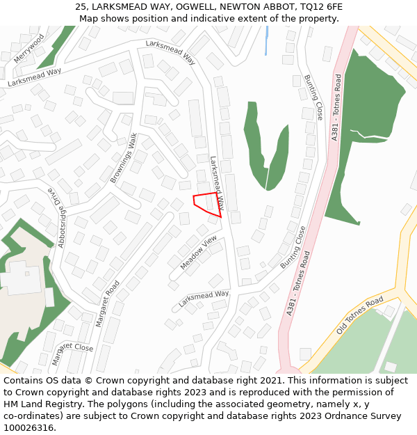 25, LARKSMEAD WAY, OGWELL, NEWTON ABBOT, TQ12 6FE: Location map and indicative extent of plot