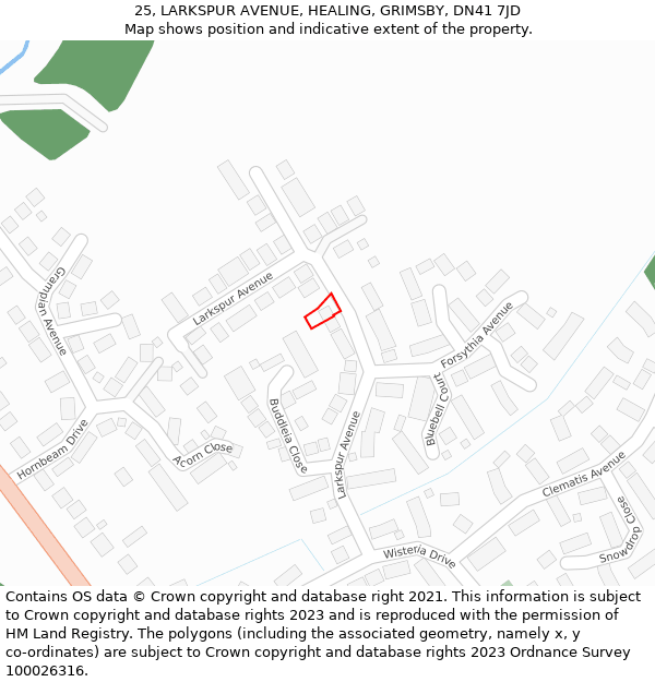 25, LARKSPUR AVENUE, HEALING, GRIMSBY, DN41 7JD: Location map and indicative extent of plot