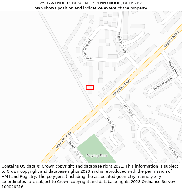 25, LAVENDER CRESCENT, SPENNYMOOR, DL16 7BZ: Location map and indicative extent of plot