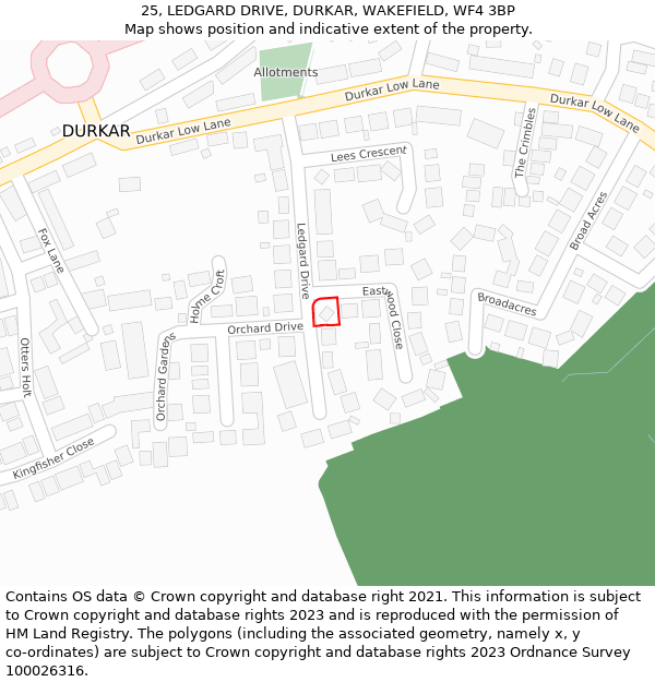 25, LEDGARD DRIVE, DURKAR, WAKEFIELD, WF4 3BP: Location map and indicative extent of plot