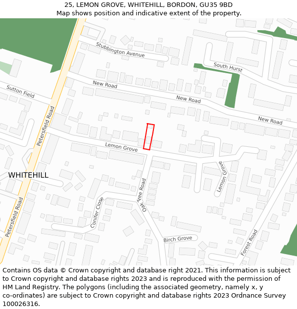 25, LEMON GROVE, WHITEHILL, BORDON, GU35 9BD: Location map and indicative extent of plot