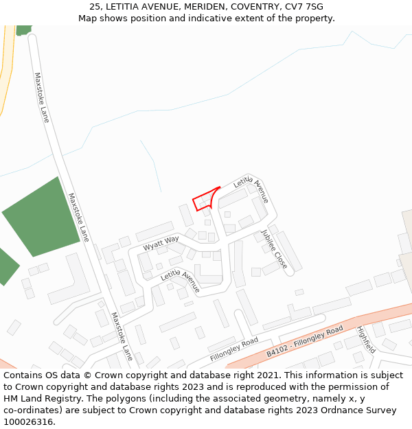 25, LETITIA AVENUE, MERIDEN, COVENTRY, CV7 7SG: Location map and indicative extent of plot