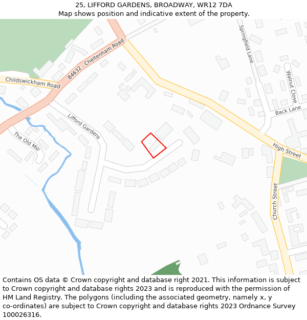 25, LIFFORD GARDENS, BROADWAY, WR12 7DA: Location map and indicative extent of plot