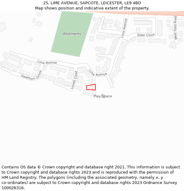 25, LIME AVENUE, SAPCOTE, LEICESTER, LE9 4BD: Location map and indicative extent of plot