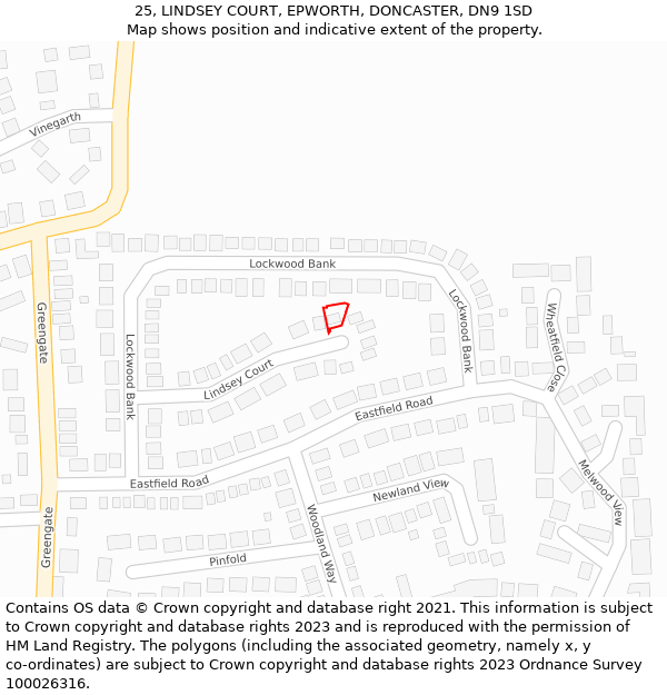 25, LINDSEY COURT, EPWORTH, DONCASTER, DN9 1SD: Location map and indicative extent of plot