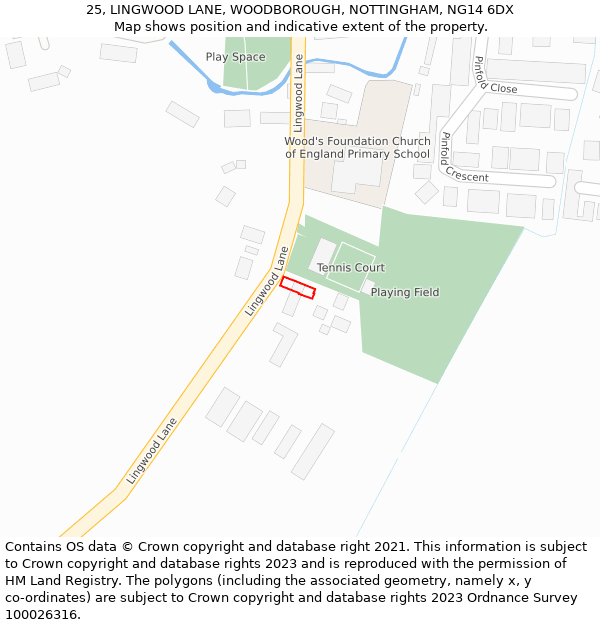 25, LINGWOOD LANE, WOODBOROUGH, NOTTINGHAM, NG14 6DX: Location map and indicative extent of plot