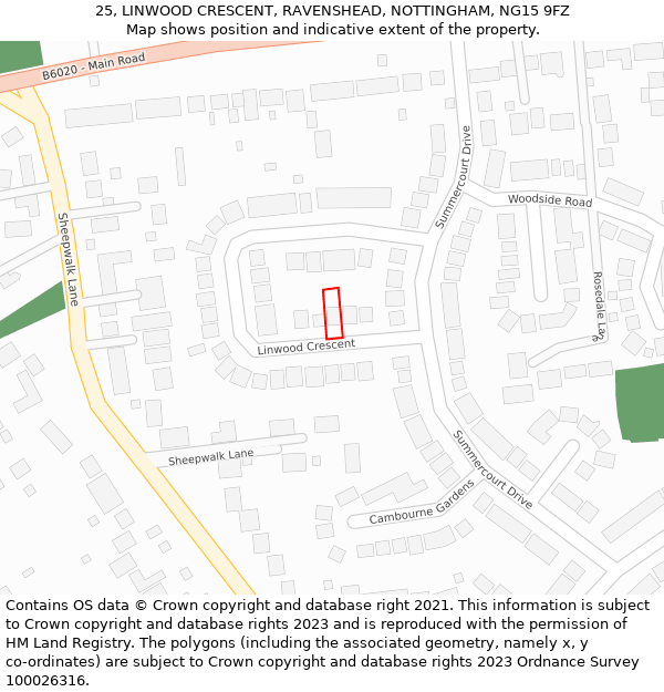 25, LINWOOD CRESCENT, RAVENSHEAD, NOTTINGHAM, NG15 9FZ: Location map and indicative extent of plot