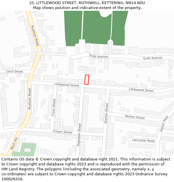 25, LITTLEWOOD STREET, ROTHWELL, KETTERING, NN14 6DU: Location map and indicative extent of plot