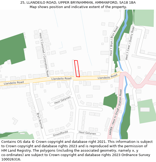 25, LLANDEILO ROAD, UPPER BRYNAMMAN, AMMANFORD, SA18 1BA: Location map and indicative extent of plot