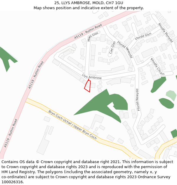 25, LLYS AMBROSE, MOLD, CH7 1GU: Location map and indicative extent of plot