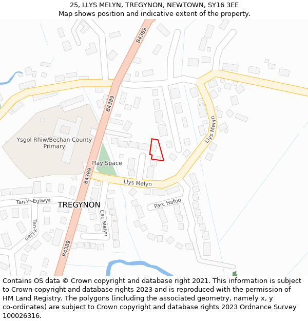 25, LLYS MELYN, TREGYNON, NEWTOWN, SY16 3EE: Location map and indicative extent of plot