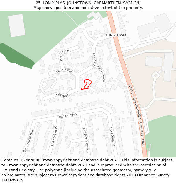 25, LON Y PLAS, JOHNSTOWN, CARMARTHEN, SA31 3NJ: Location map and indicative extent of plot