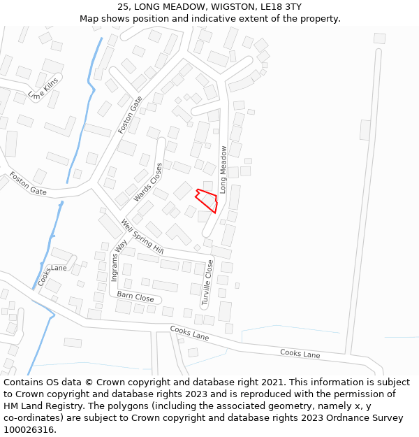 25, LONG MEADOW, WIGSTON, LE18 3TY: Location map and indicative extent of plot