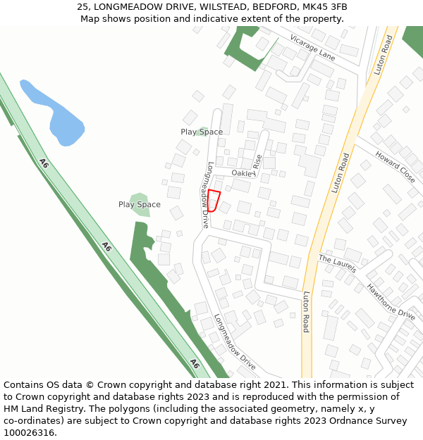 25, LONGMEADOW DRIVE, WILSTEAD, BEDFORD, MK45 3FB: Location map and indicative extent of plot