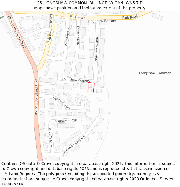 25, LONGSHAW COMMON, BILLINGE, WIGAN, WN5 7JD: Location map and indicative extent of plot