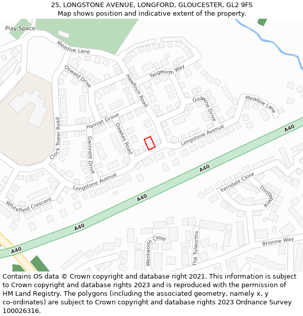 25, LONGSTONE AVENUE, LONGFORD, GLOUCESTER, GL2 9FS: Location map and indicative extent of plot