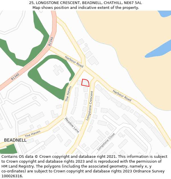 25, LONGSTONE CRESCENT, BEADNELL, CHATHILL, NE67 5AL: Location map and indicative extent of plot