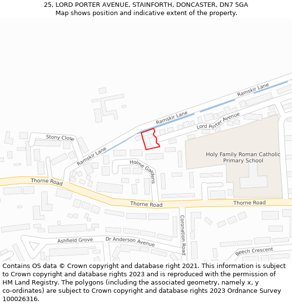 25, LORD PORTER AVENUE, STAINFORTH, DONCASTER, DN7 5GA: Location map and indicative extent of plot