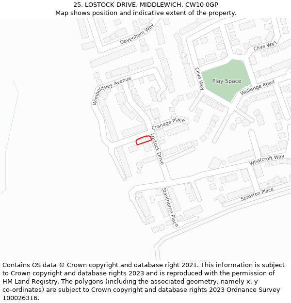 25, LOSTOCK DRIVE, MIDDLEWICH, CW10 0GP: Location map and indicative extent of plot