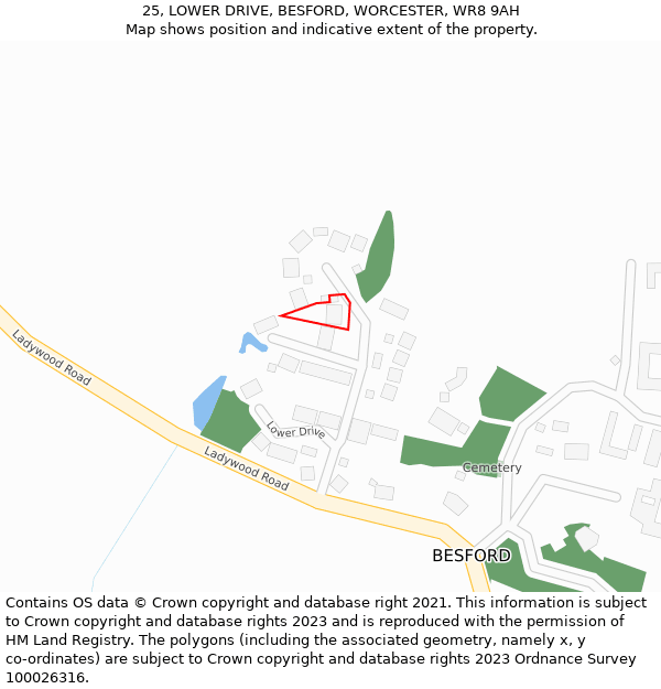 25, LOWER DRIVE, BESFORD, WORCESTER, WR8 9AH: Location map and indicative extent of plot